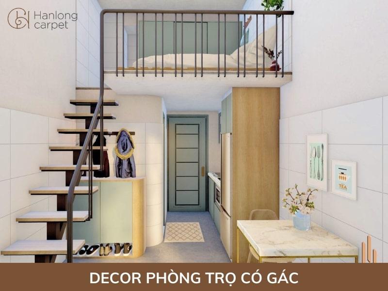Một phòng trọ có gác lửng được decor với sự chú trọng vào tính thẩm mỹ, sử dụng các vật liệu tự nhiên, ánh sáng mềm mại và các vật dụng trang trí có chọn lọc, tạo không gian sống hài hòa và thư giãn.